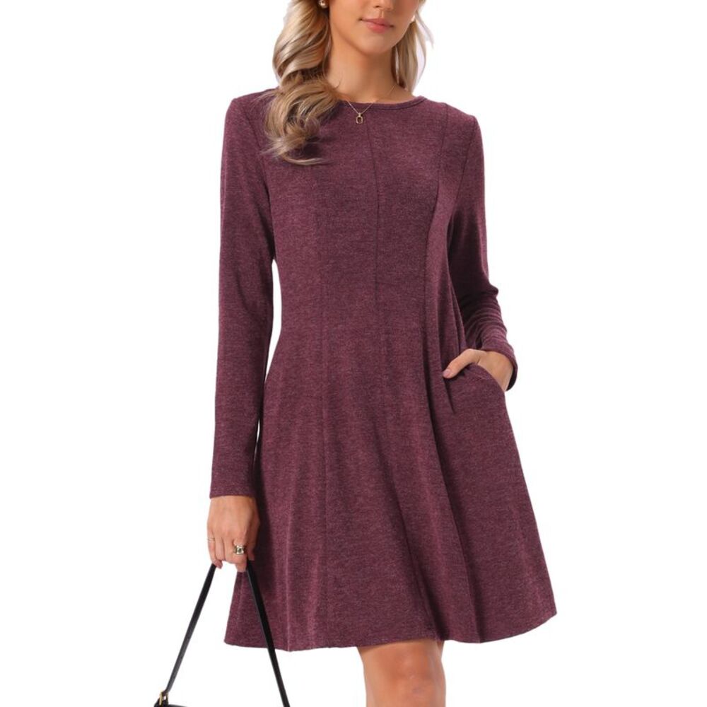 Women Long Sleeve Casual Knitted Sweater Dresses Knit Dress Dark Red